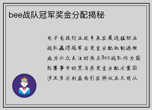 bee战队冠军奖金分配揭秘