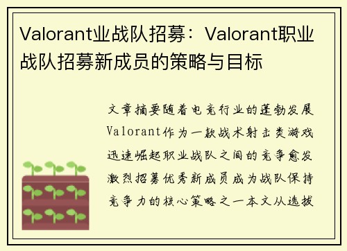 Valorant业战队招募：Valorant职业战队招募新成员的策略与目标