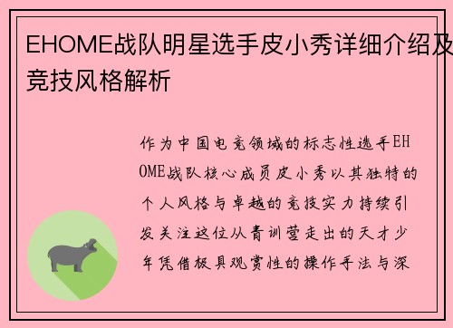 EHOME战队明星选手皮小秀详细介绍及竞技风格解析