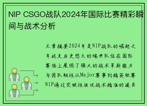 NIP CSGO战队2024年国际比赛精彩瞬间与战术分析