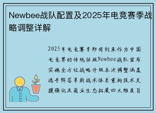 Newbee战队配置及2025年电竞赛季战略调整详解