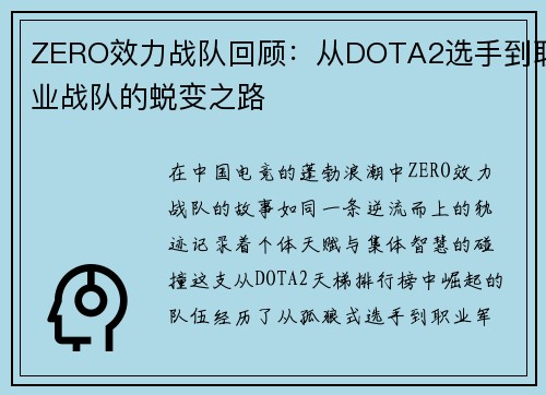 ZERO效力战队回顾：从DOTA2选手到职业战队的蜕变之路